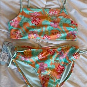 Girls Size 10/12 Floral Orange Tropical Two-Piece Swim Set